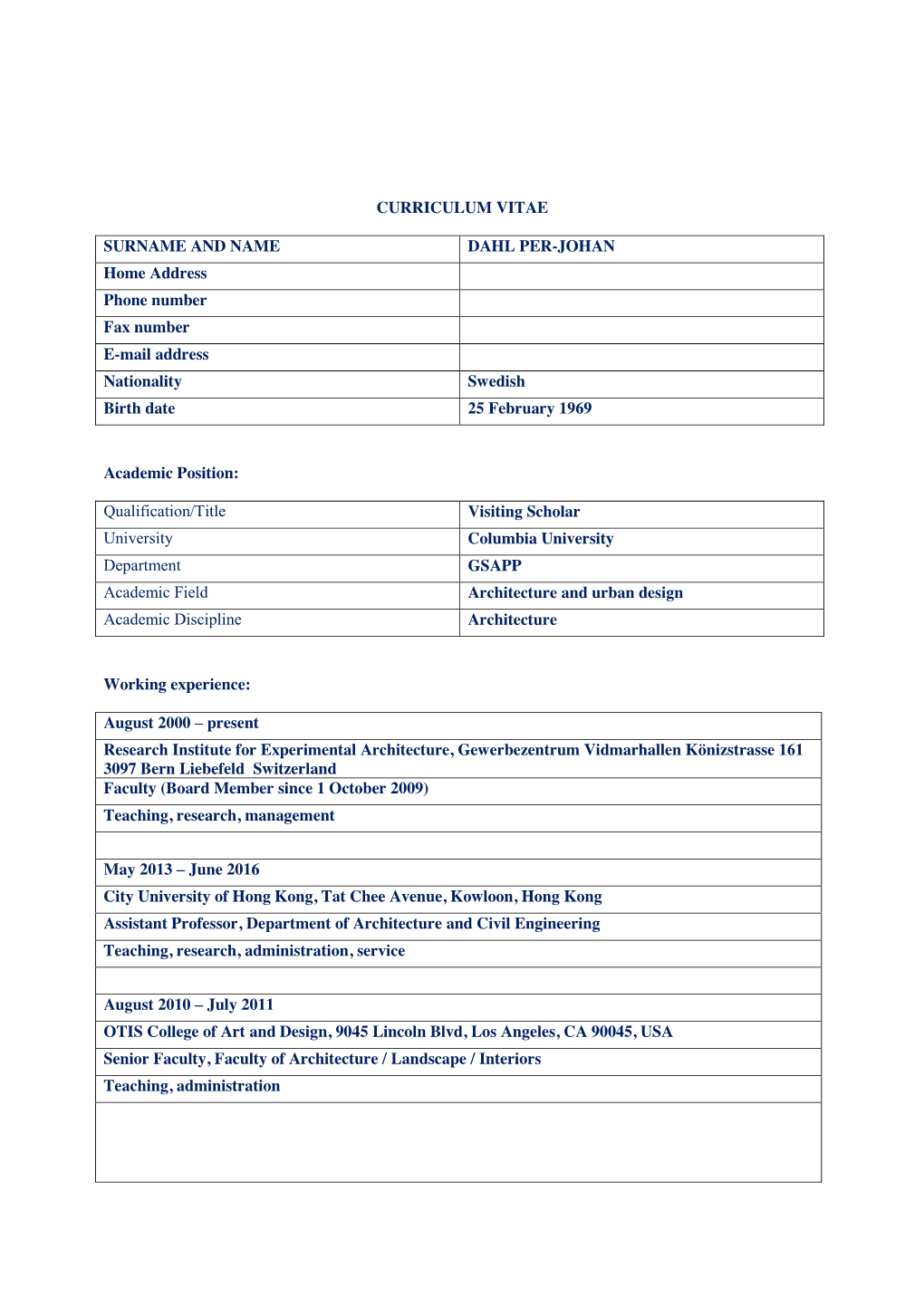 Curriculum Vitae Surname and Name Dahl Per-Johan