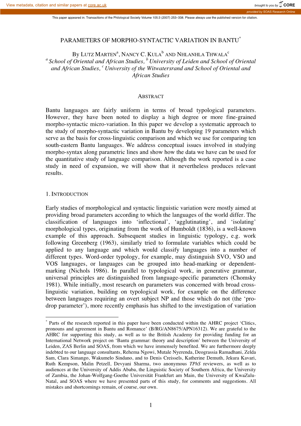 1 Parameters of Morpho-Syntactic Variation