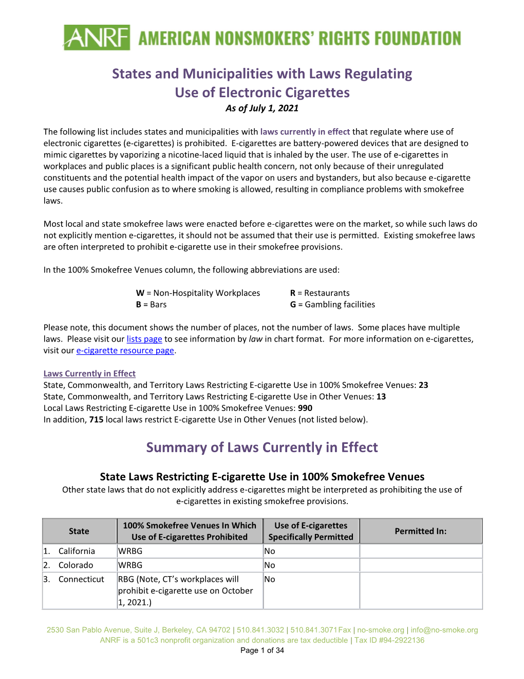 States and Municipalities with Laws Regulating Use of Electronic Cigarettes As of July 1, 2021