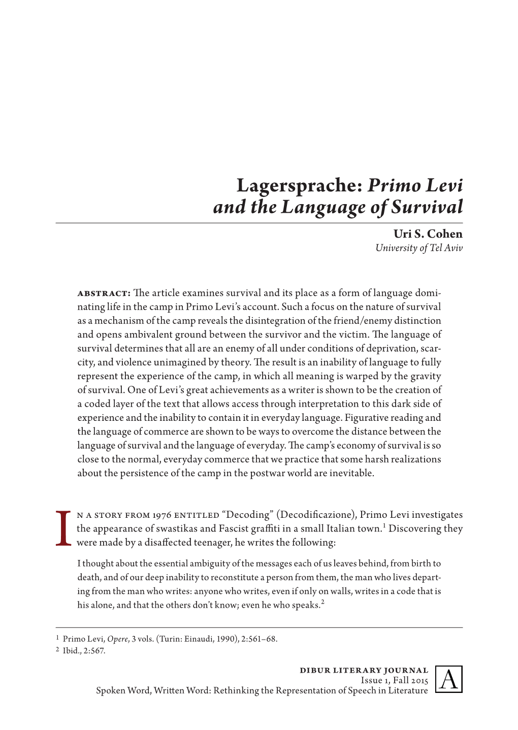 Primo Levi and the Language of Survival Uri S