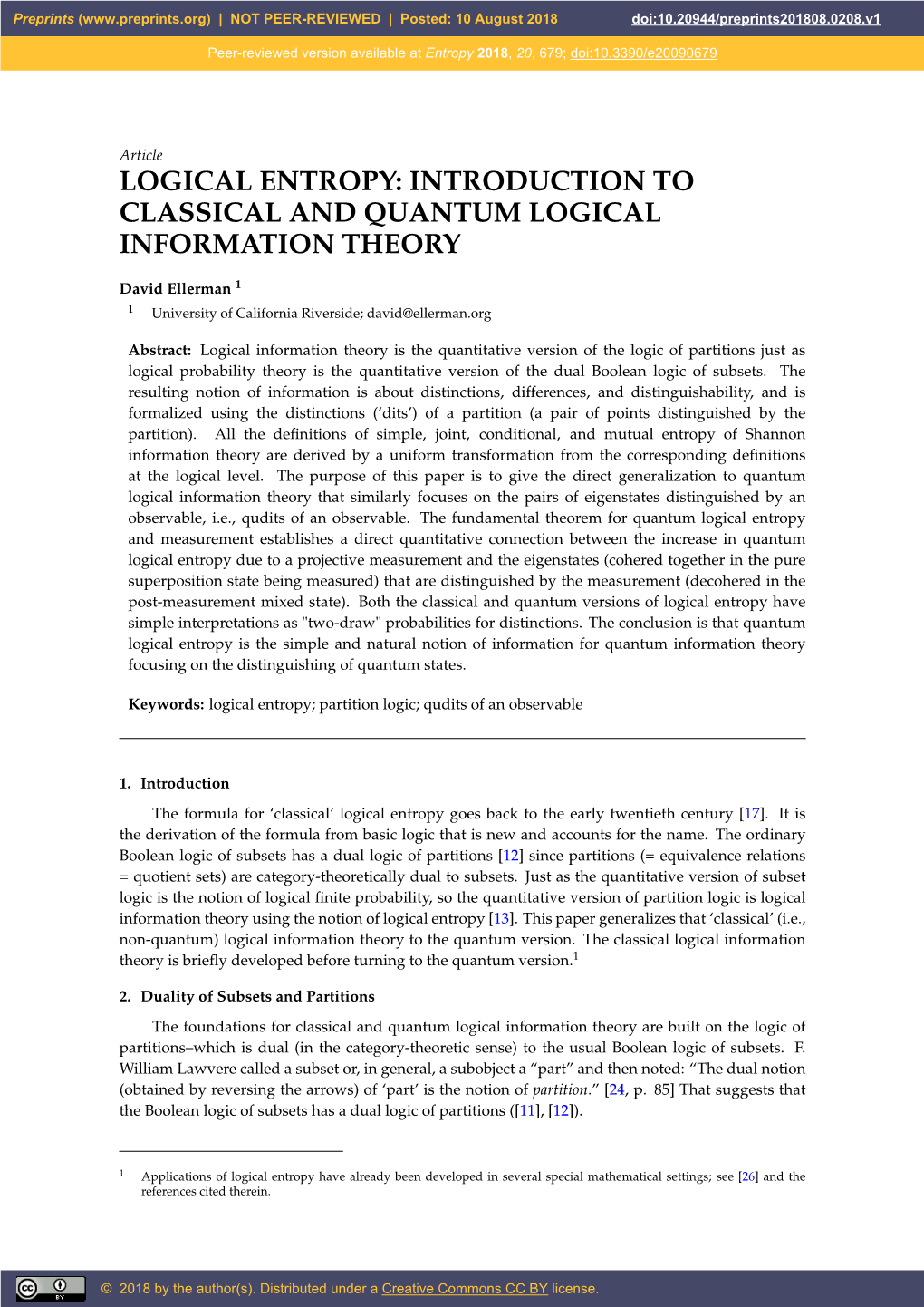 Logical Entropy: Introduction to Classical and Quantum Logical Information Theory