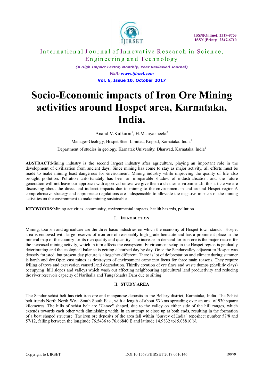 Socio-Economic Impacts of Iron Ore Mining Activities Around Hospet Area, Karnataka, India