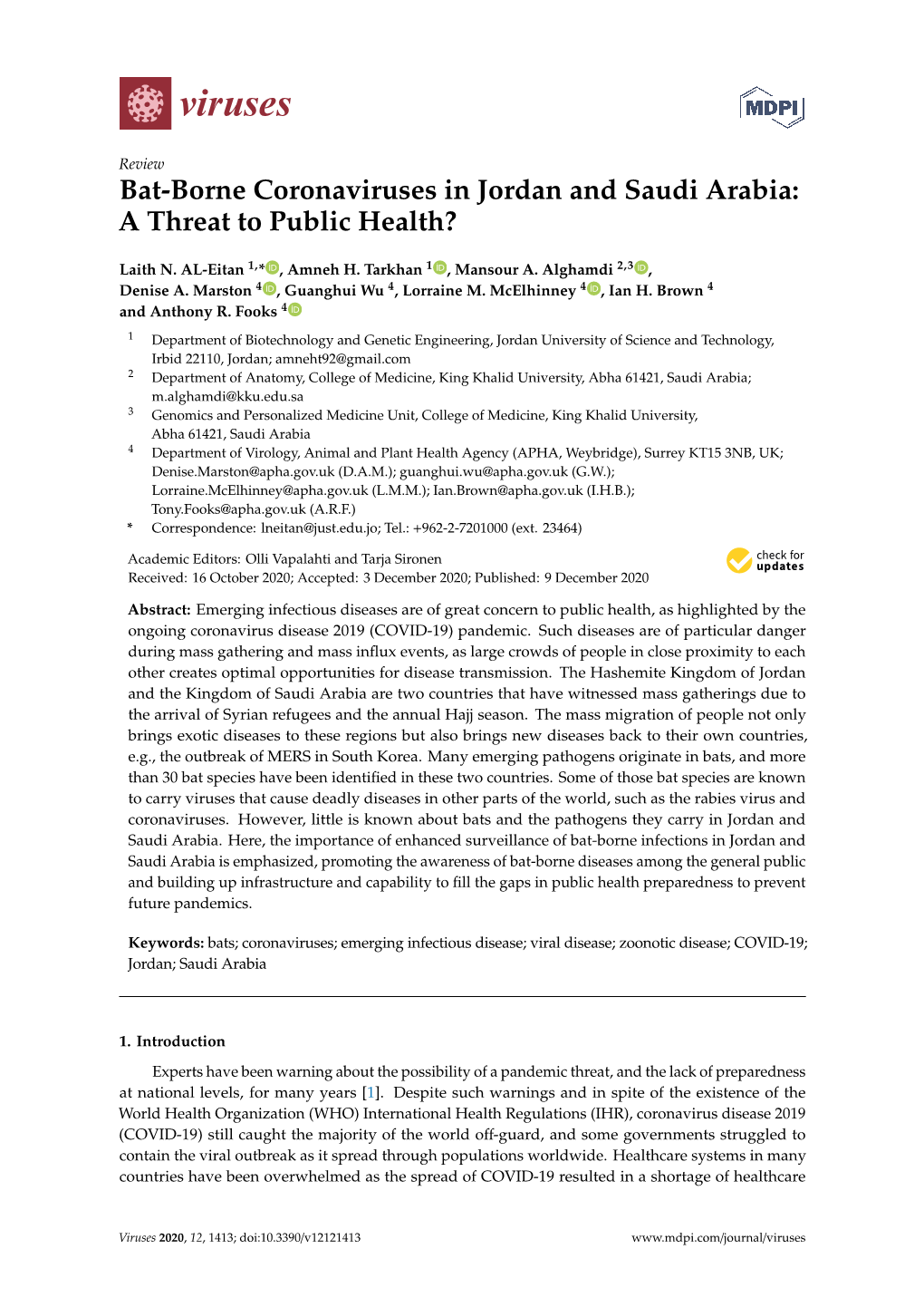 Bat-Borne Coronaviruses in Jordan and Saudi Arabia: a Threat to Public Health?