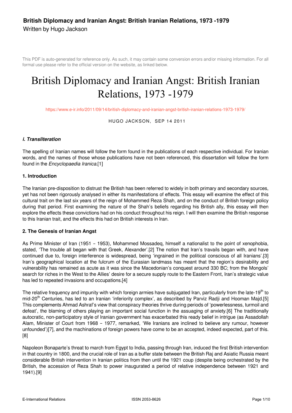 British Iranian Relations, 1973 -1979 Written by Hugo Jackson
