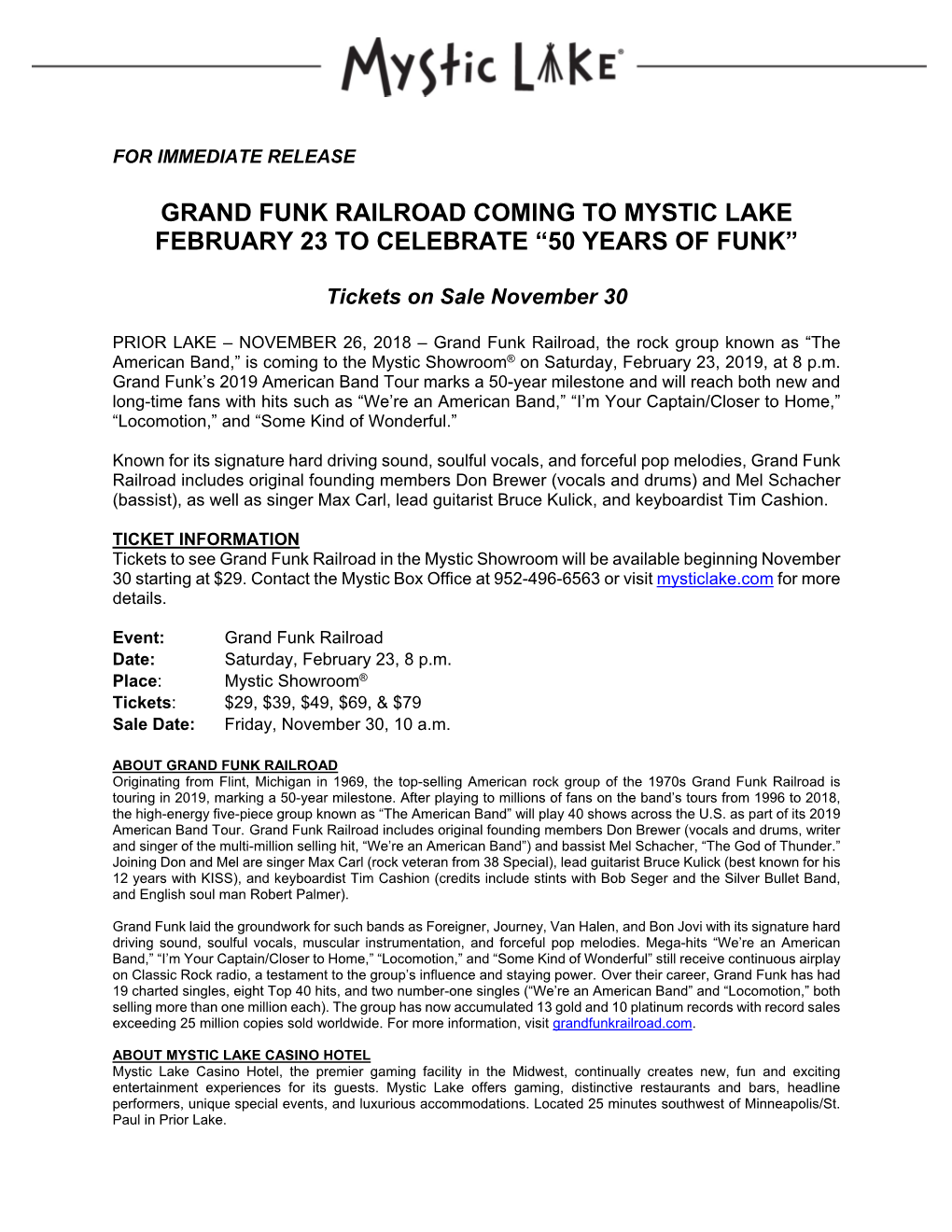 Grand Funk Railroad Coming to Mystic Lake February 23 to Celebrate “50 Years of Funk”