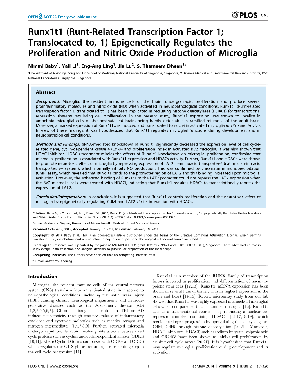 Runx1t1 (Runt-Related Transcription Factor 1; Translocated To, 1) Epigenetically Regulates the Proliferation and Nitric Oxide Production of Microglia