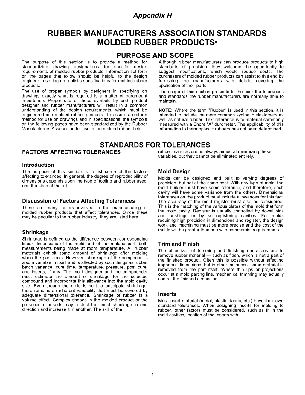 Rubber Manufacturers Association Standards Molded Rubber Productsã