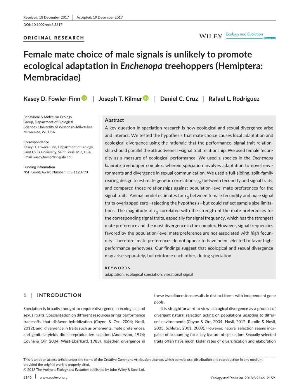 Female Mate Choice of Male Signals Is Unlikely to Promote Ecological Adaptation in Enchenopa Treehoppers (Hemiptera: Membracidae)