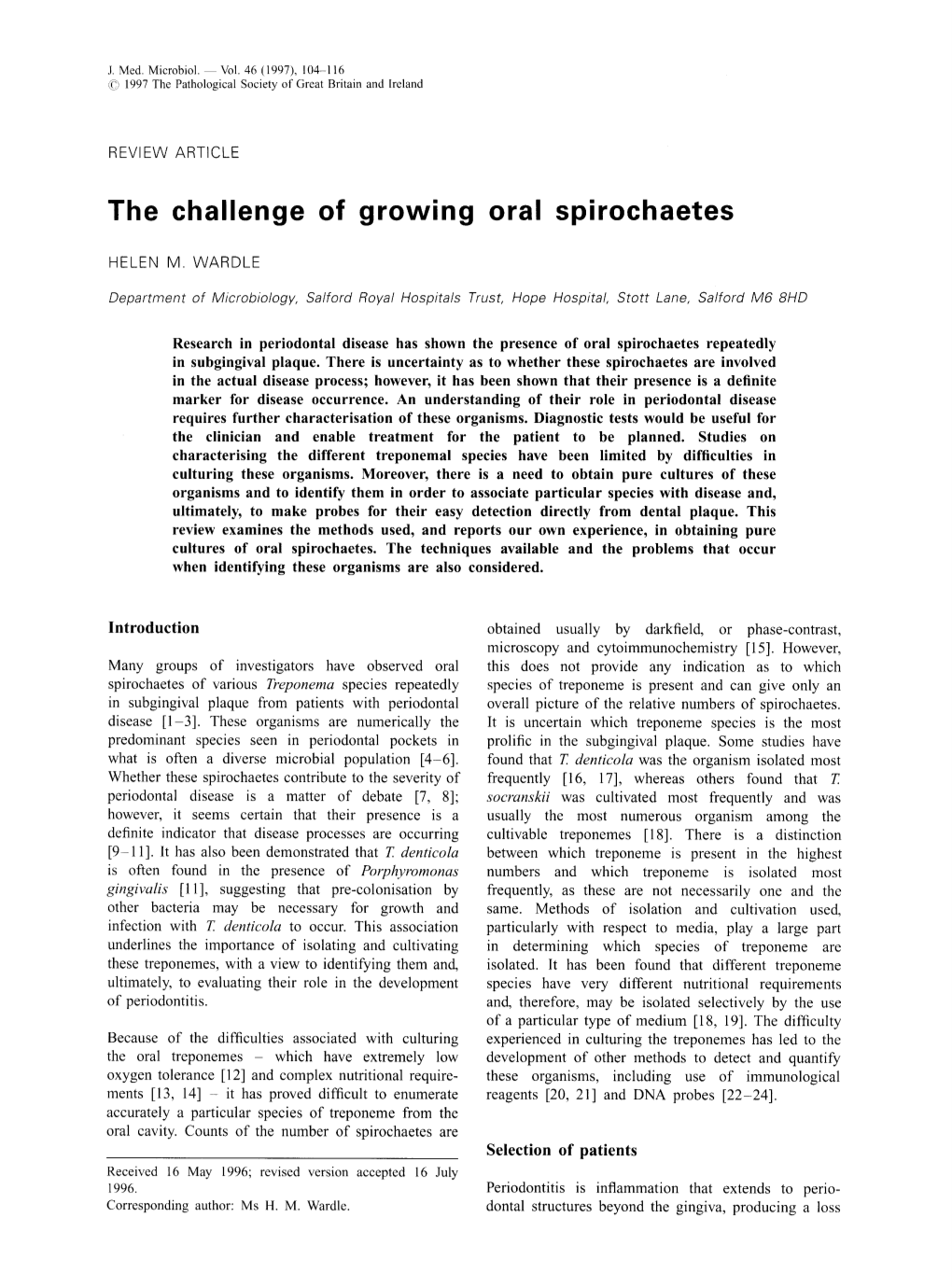 The Challenge of Growing Oral Spirochaetes