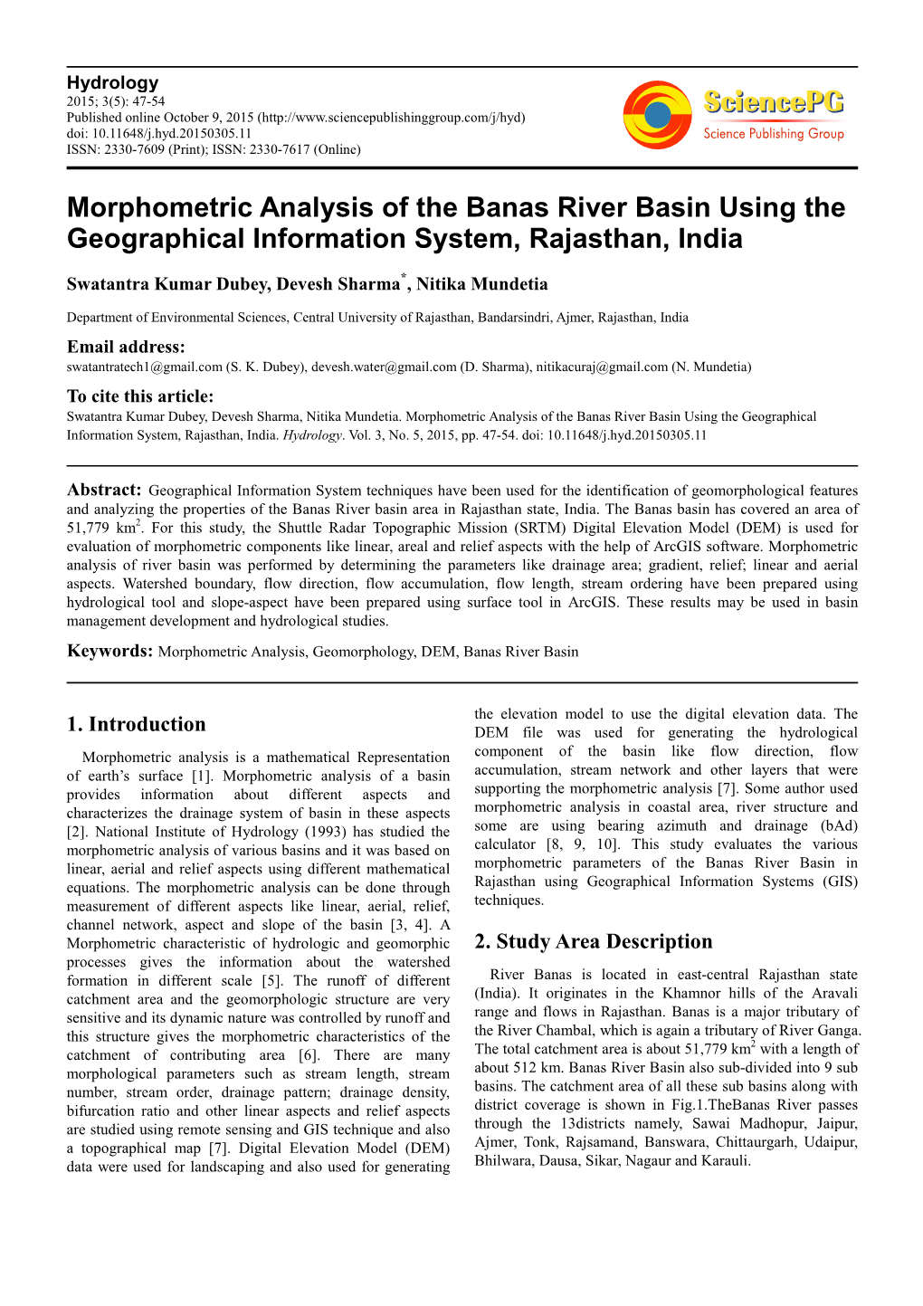 Morphometric Analysis of the Banas River Basin Using the Geographical Information System, Rajasthan, India