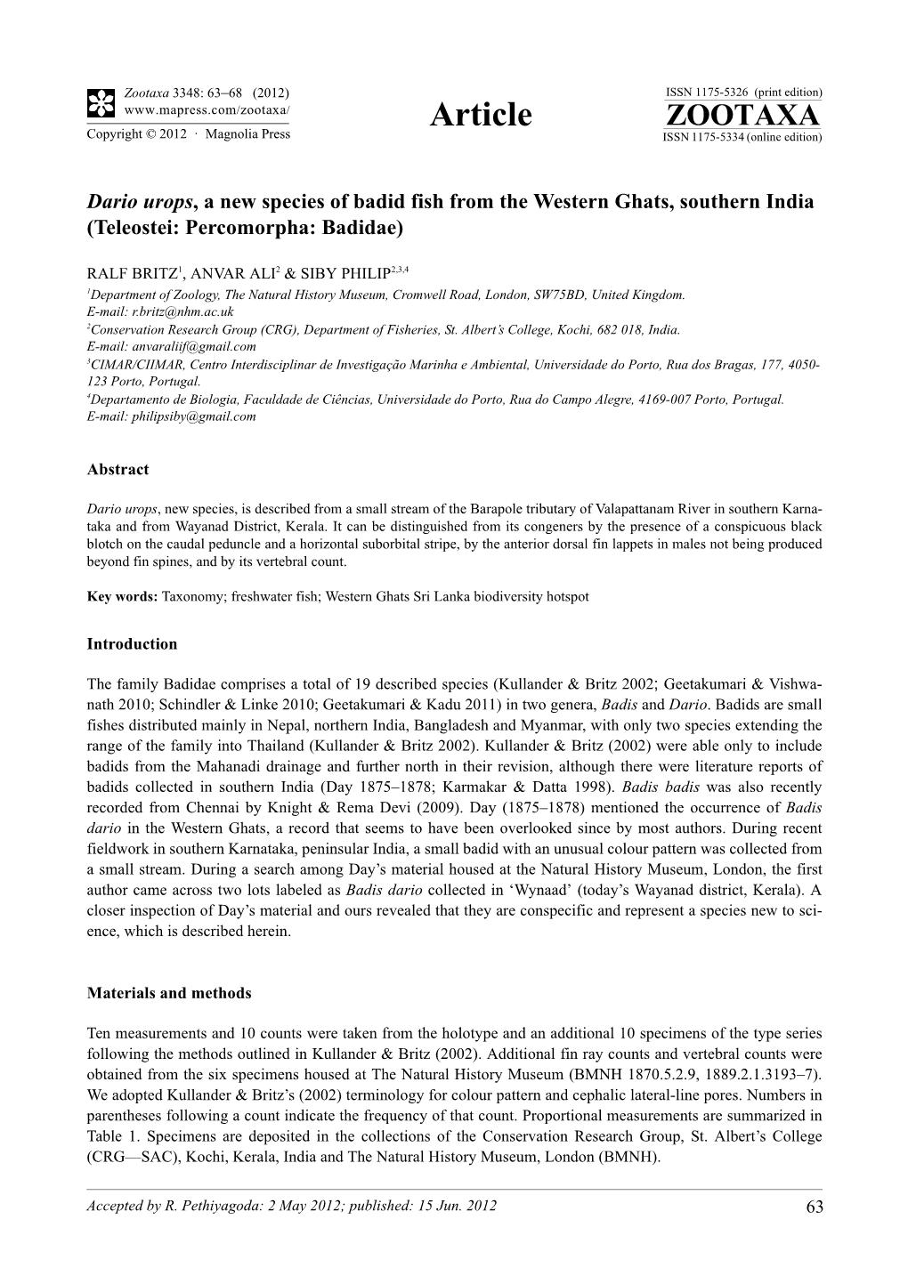 Dario Urops, a New Species of Badid Fish from the Western Ghats, Southern India (Teleostei: Percomorpha: Badidae)