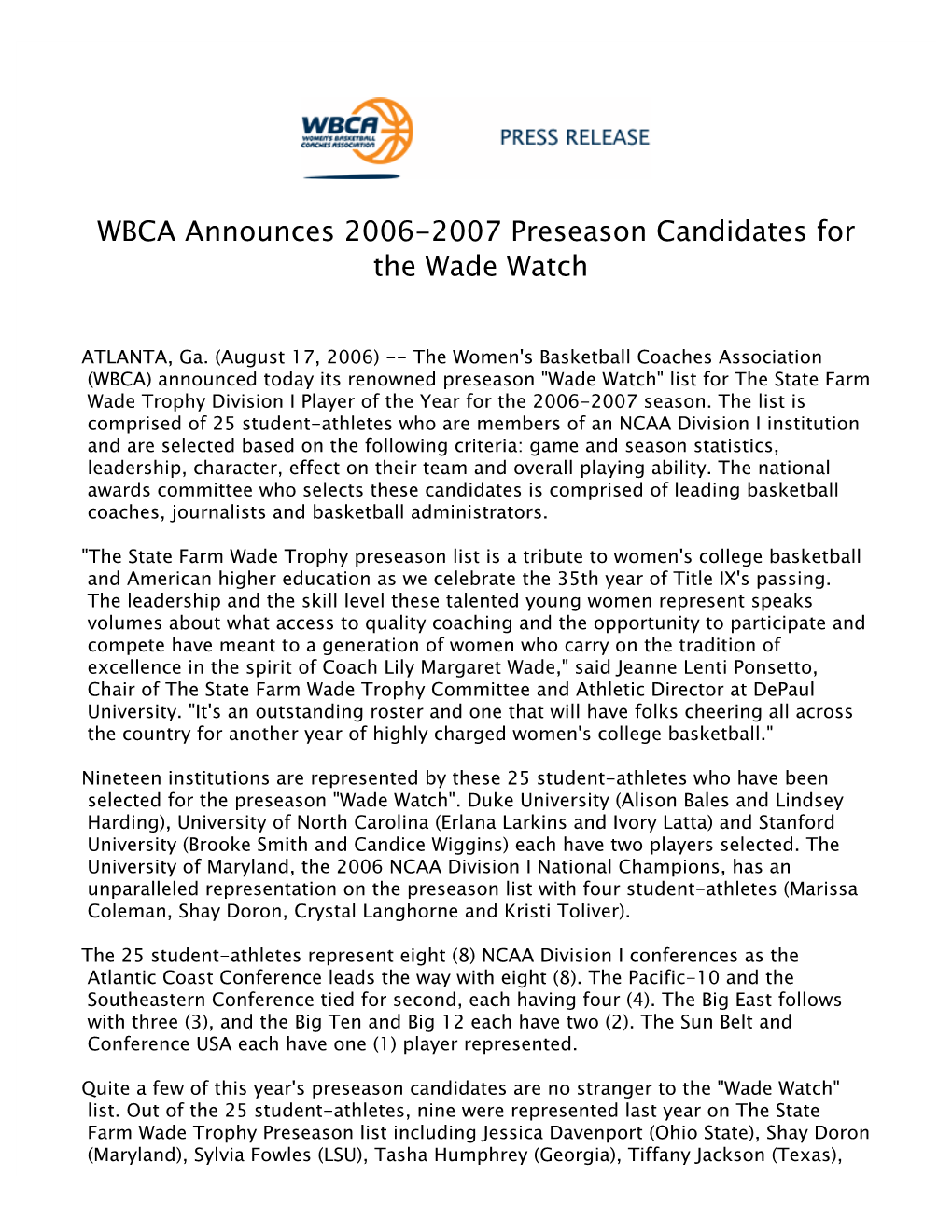 WBCA Announces 2006-2007 Preseason Candidates for the Wade Watch