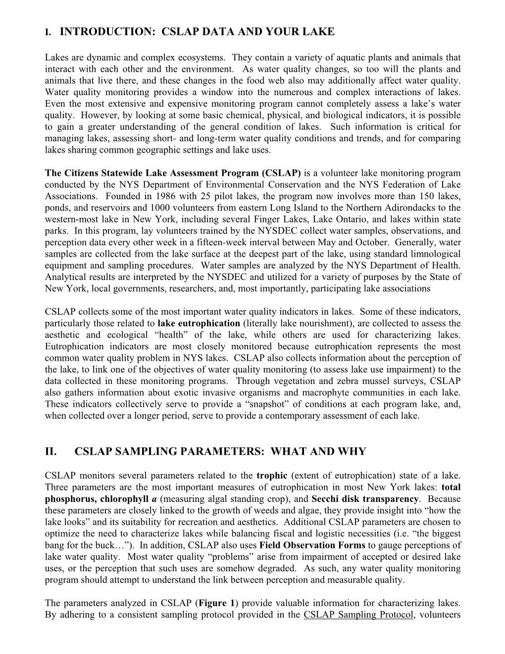 Cslap Data and Your Lake Ii. Cslap Sampling Parameters: What And