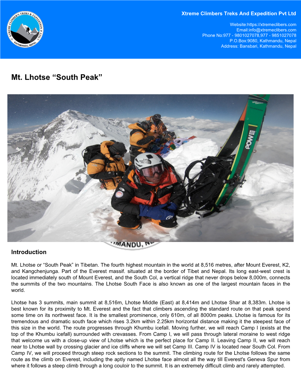 Mt. Lhotse “South Peak”