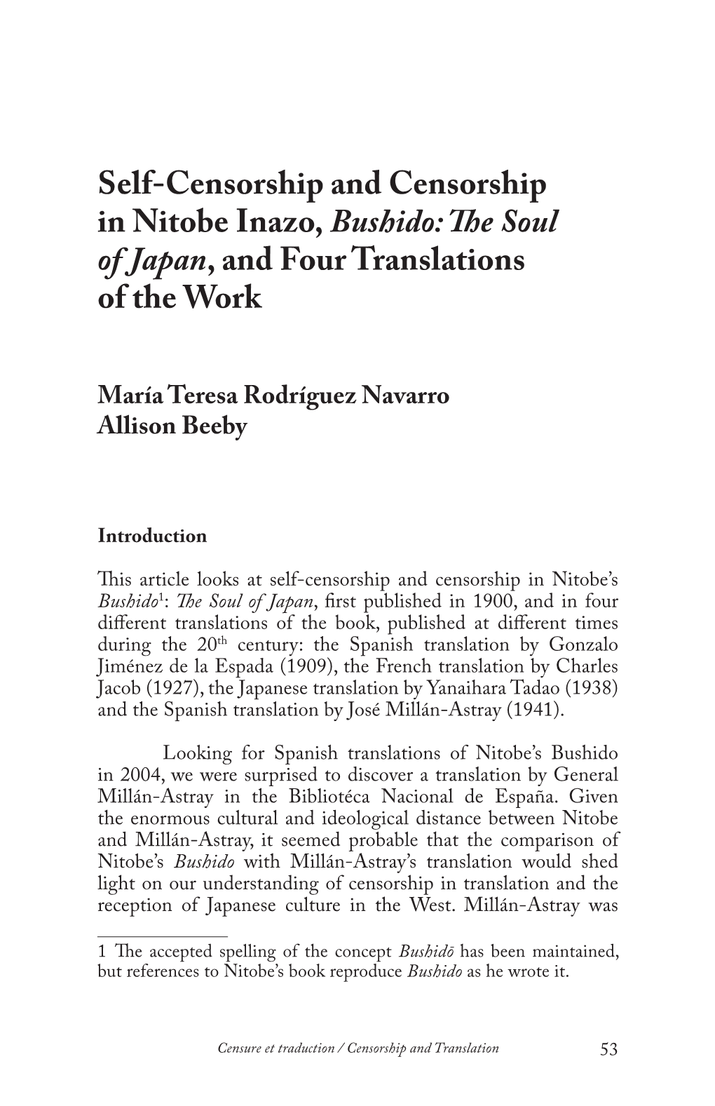 Self-Censorship and Censorship in Nitobe Inazo, Bushido: the Soul of Japan, and Four Translations of the Work