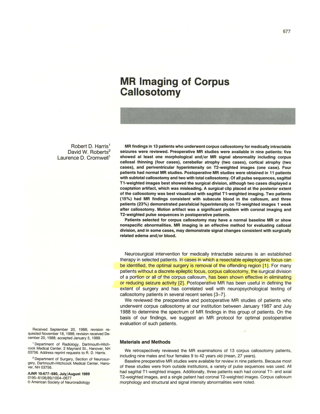 MR Imaging of Corpus Callosotomy