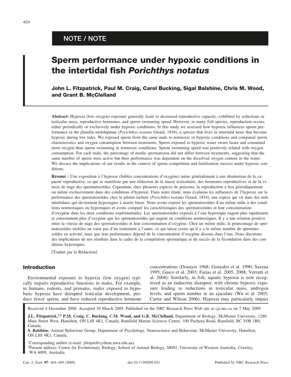 Sperm Performance Under Hypoxic Conditions in the Intertidal Fish Porichthys Notatus