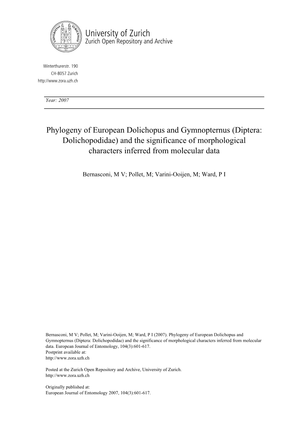 Phylogeny of European Dolichopus and Gymnopternus (Diptera: Dolichopodidae) and the Significance of Morphological Characters Inferred from Molecular Data