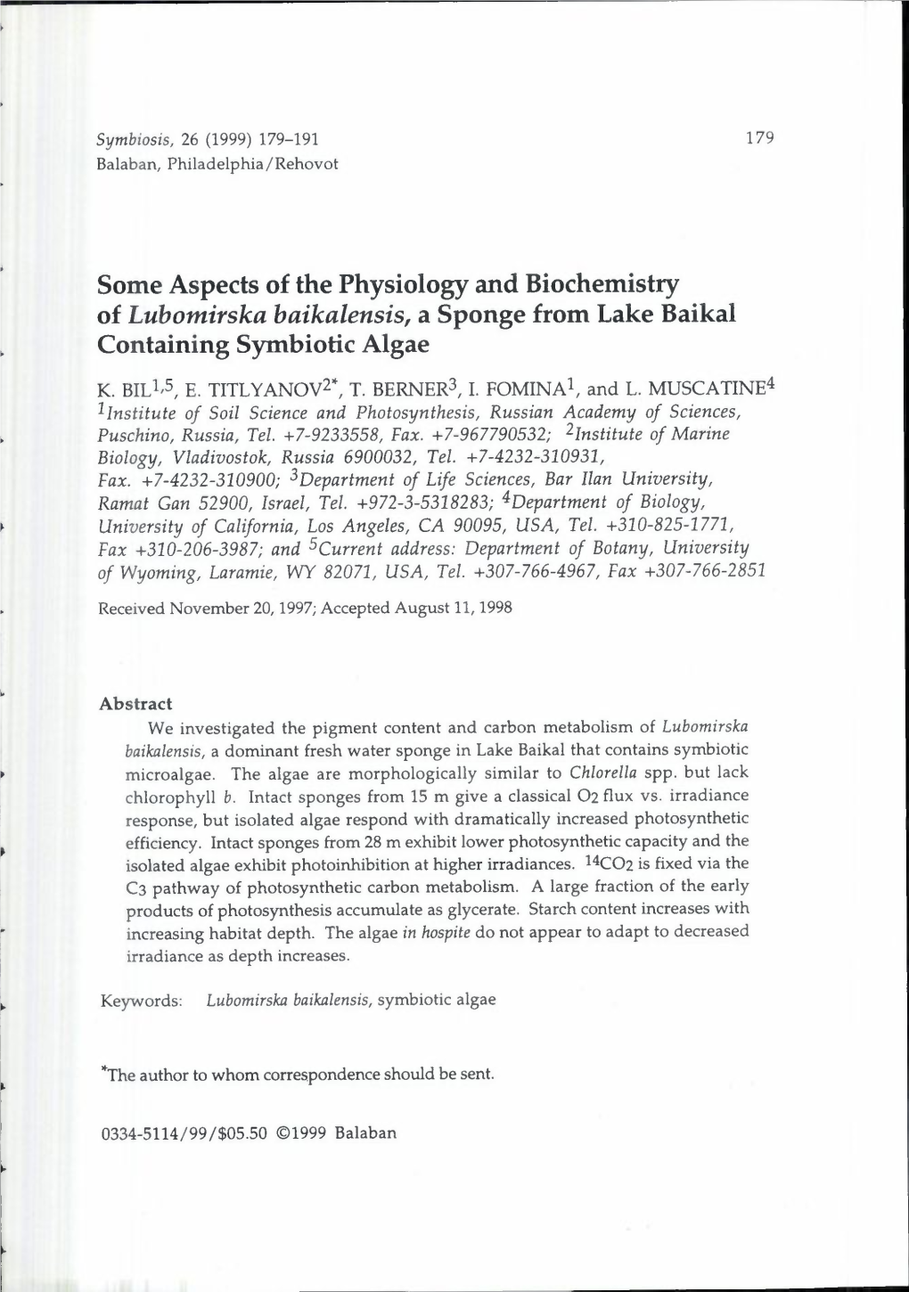 Some Aspects of the Physiology and Biochemistry of Lubomirska Baikalensis, a Sponge from Lake Baikal Containing Symbiotic Algae