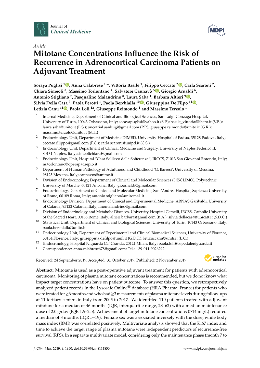 Mitotane Concentrations Influence the Risk of Recurrence In