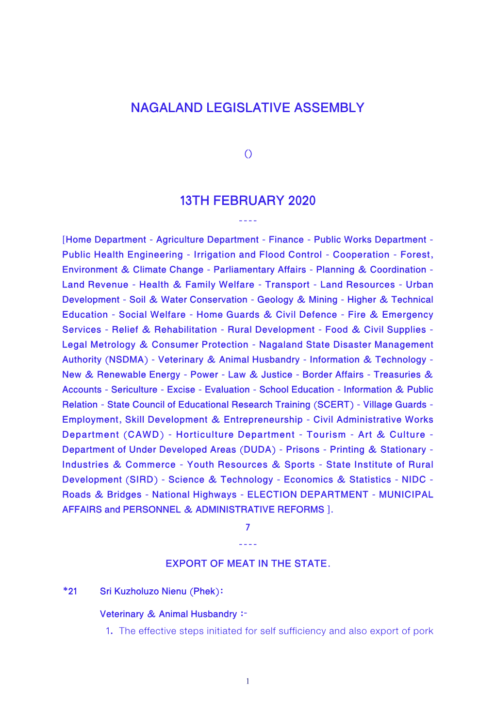 Nagaland Legislative Assembly 13Th February 2020