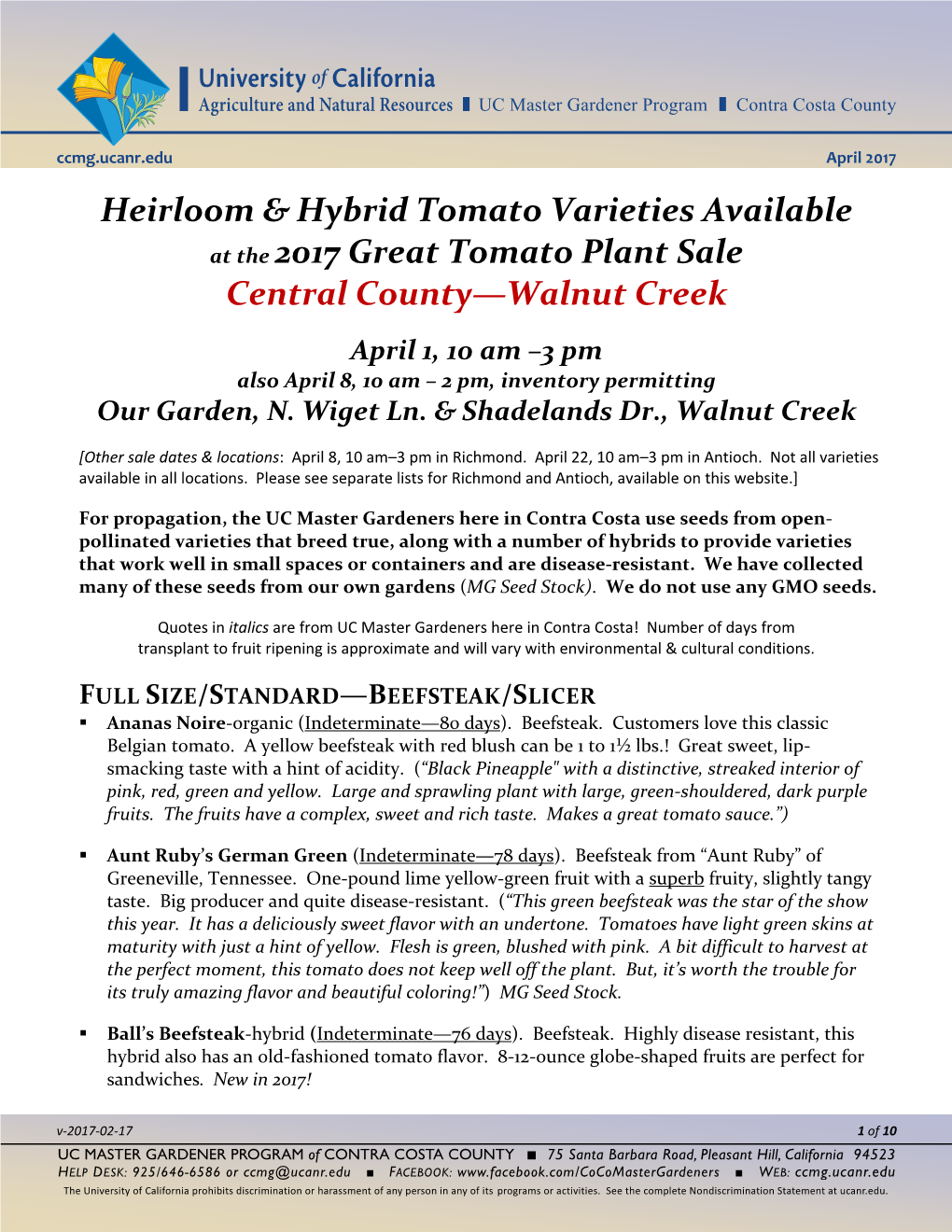 2017 Heirloom & Hybrid Tomato Varieties Available--Walnut Creek