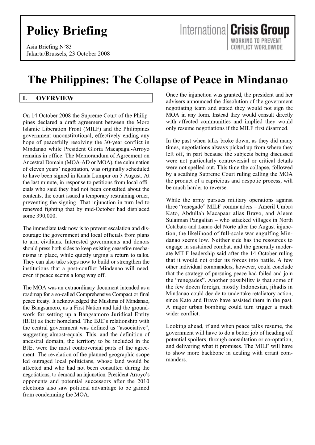 The Philippines: the Collapse of Peace in Mindanao