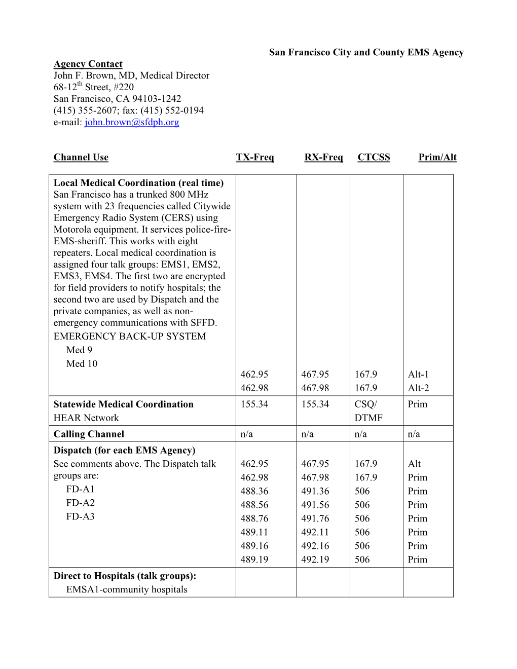 San Francisco City and County EMS Agency Agency Contact John F