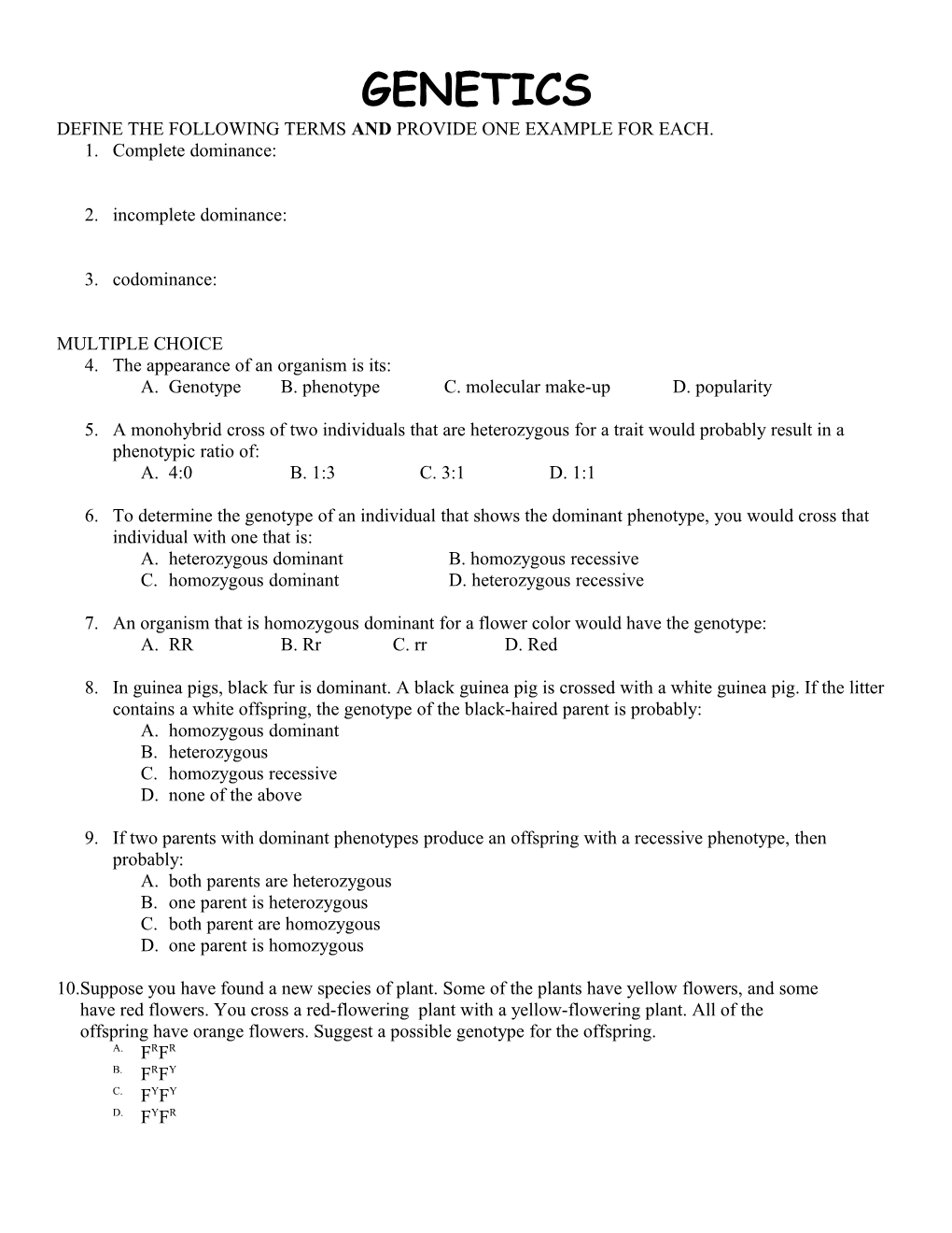 Define the Following Terms and Provide One Example for Each