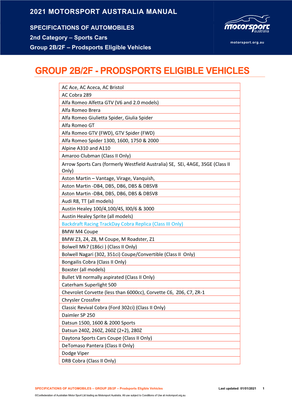 Group 2B/2F – Prodsports Eligible Vehicles