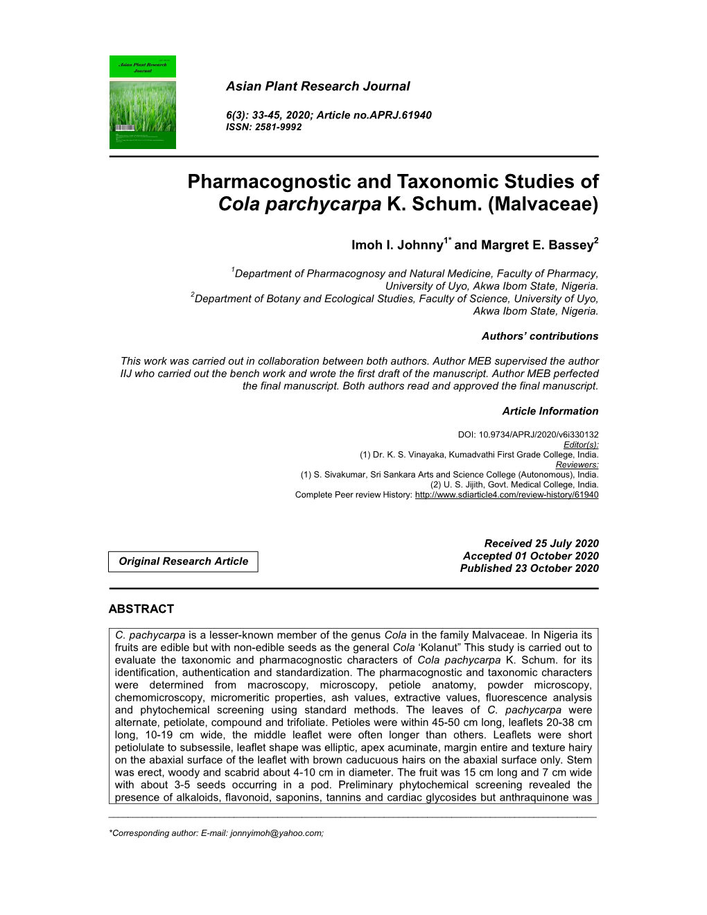 Pharmacognostic and Taxonomic Studies of Cola Parchycarpa K