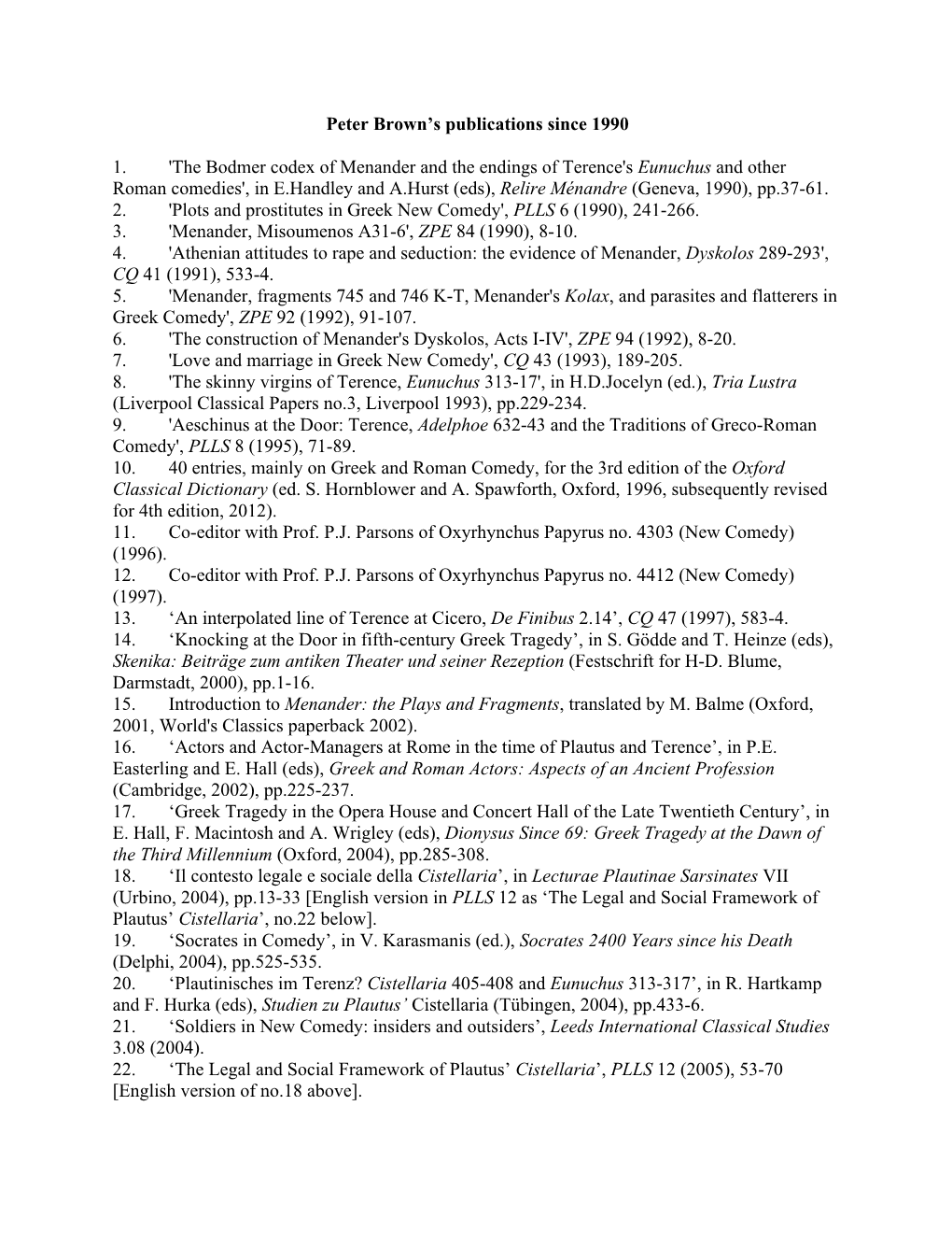 Peter Brown's Publications Since 1990 1. 'The Bodmer Codex of Menander