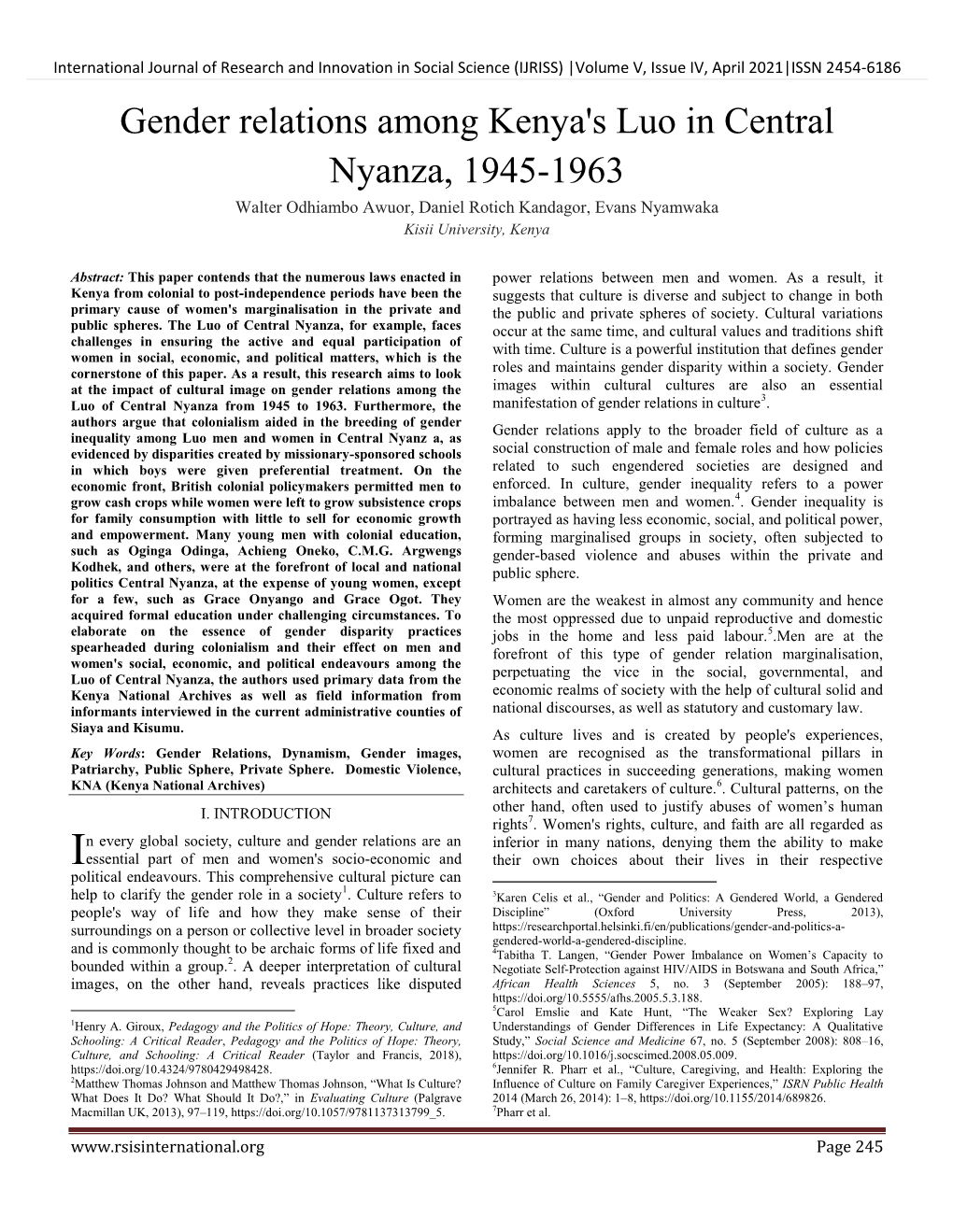 Gender Relations Among Kenya's Luo in Central Nyanza, 1945-1963