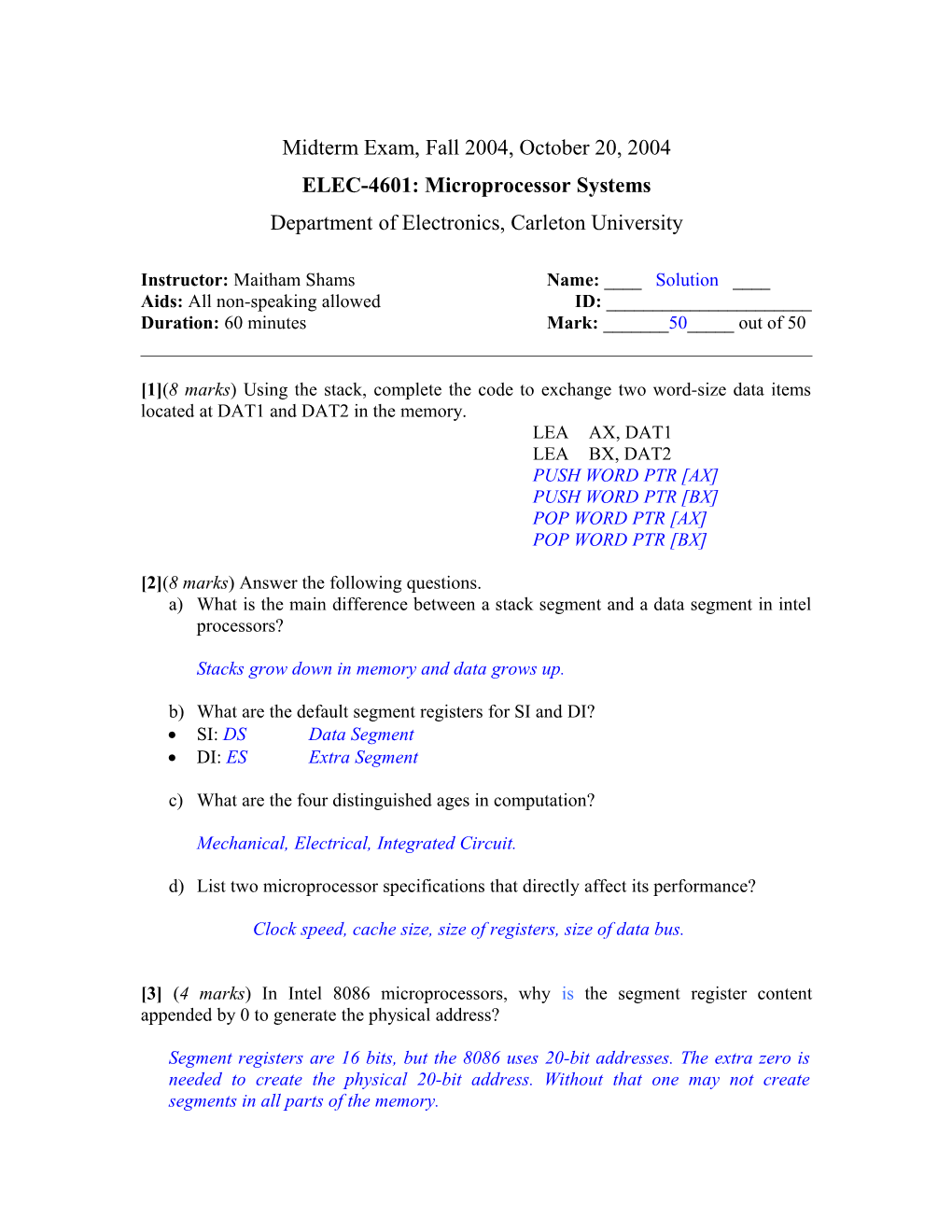 Midterm Exam, Fall 2003, October 21, 2003