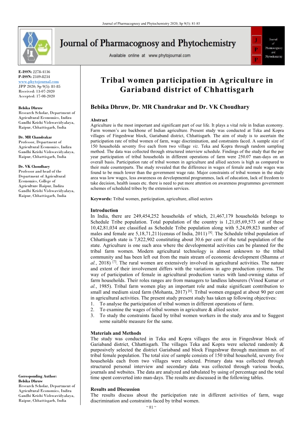 Tribal Women Participation in Agriculture in Gariaband District Of