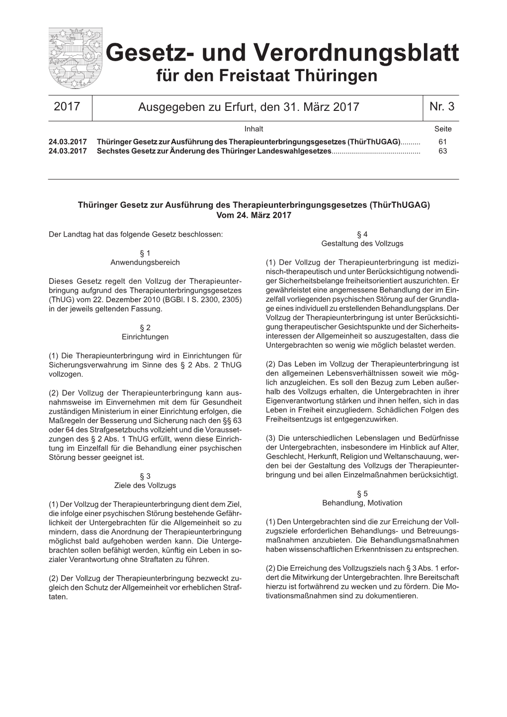 Gesetz- Und Verordnungsblatt Für Den Freistaat Thüringen