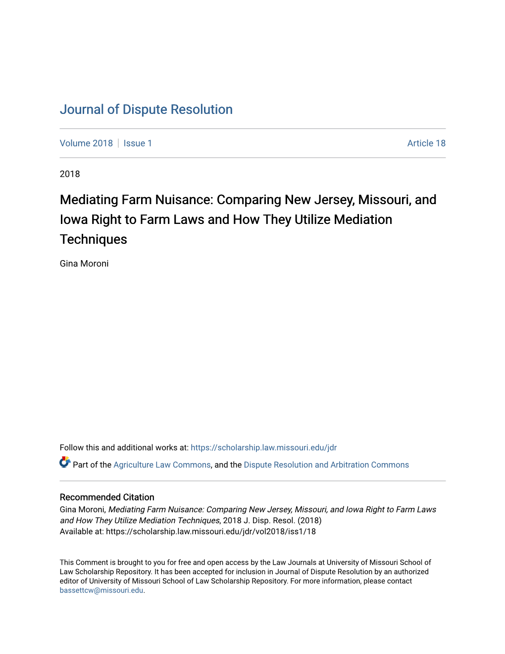 Mediating Farm Nuisance: Comparing New Jersey, Missouri, and Iowa Right to Farm Laws and How They Utilize Mediation Techniques