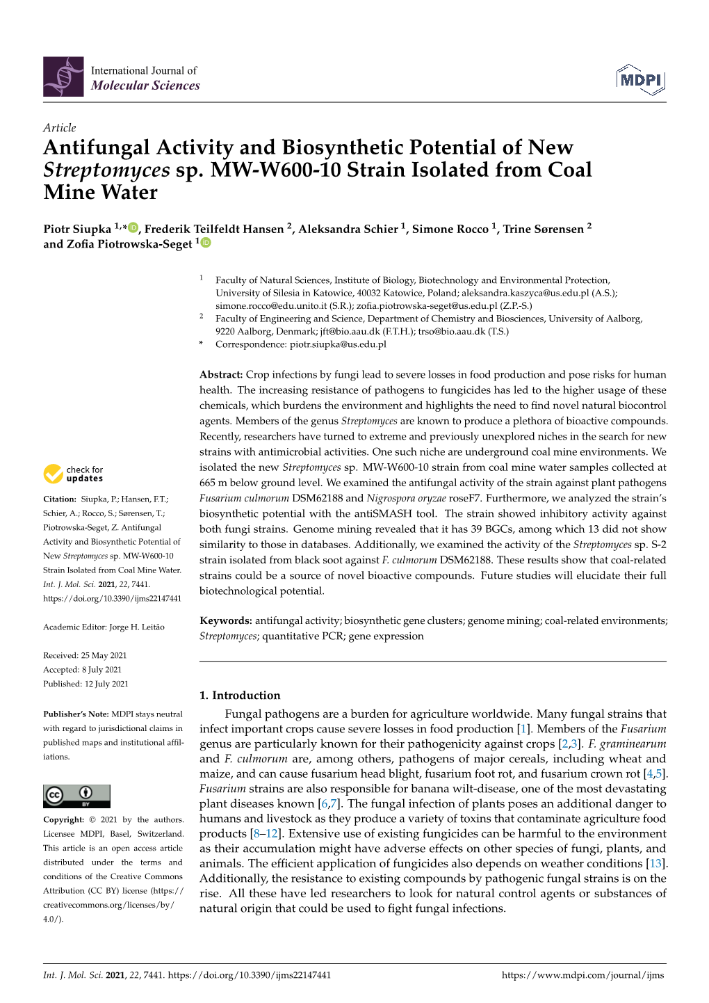 Antifungal Activity and Biosynthetic Potential of New Streptomyces Sp