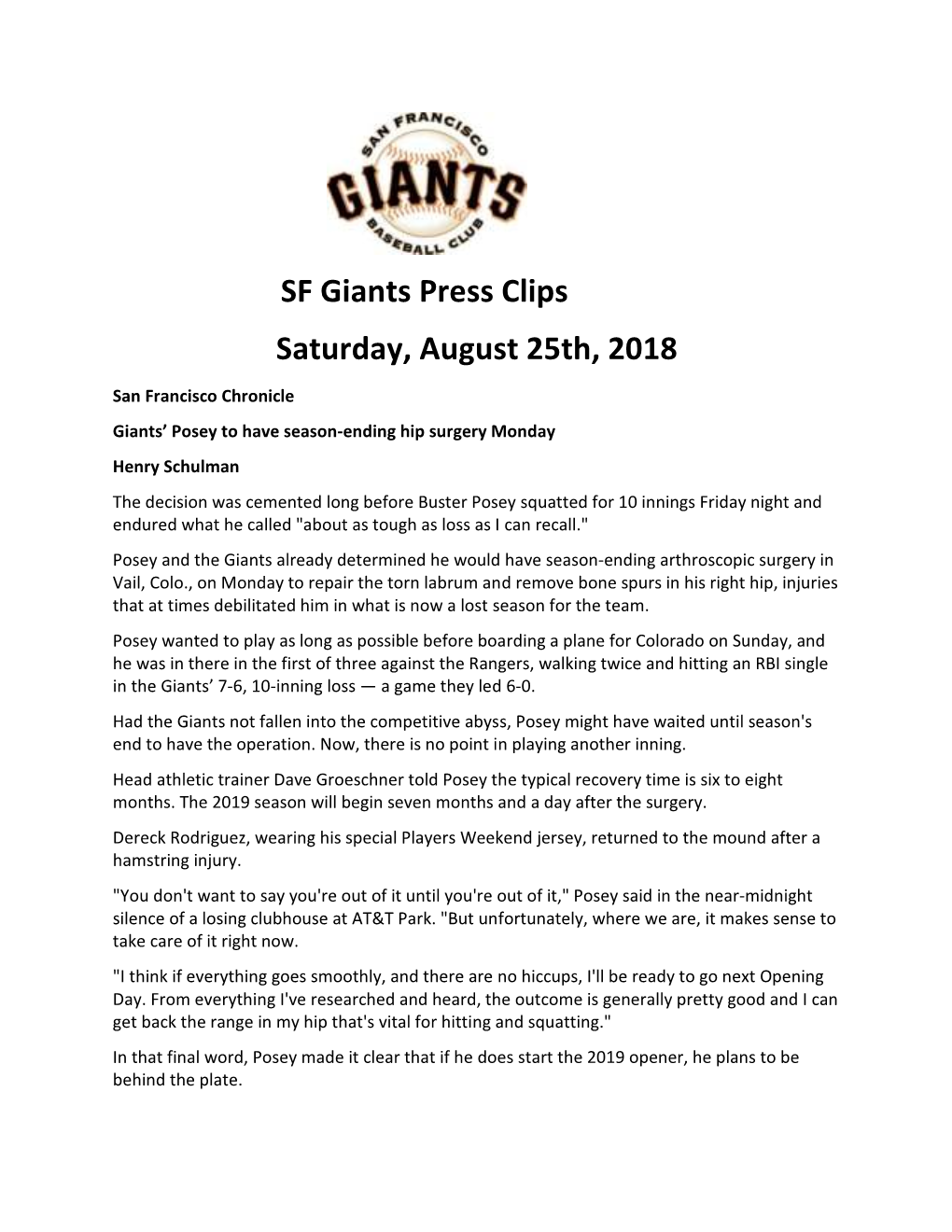 SF Giants Press Clips Saturday, August 25Th, 2018