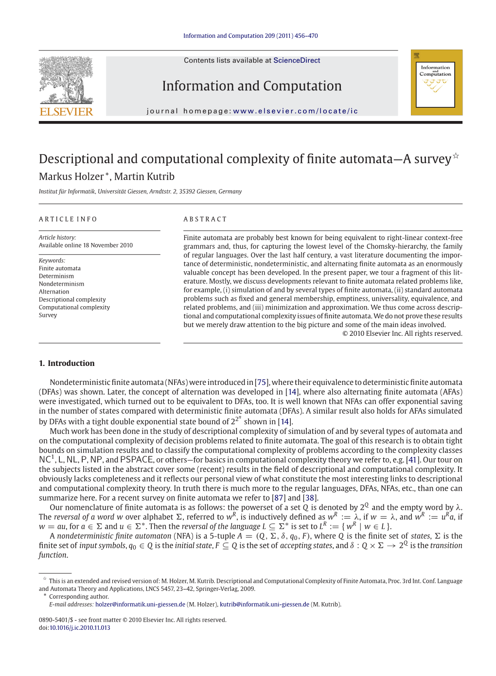 Descriptional and Computational Complexity of Finite Automataâ€”A