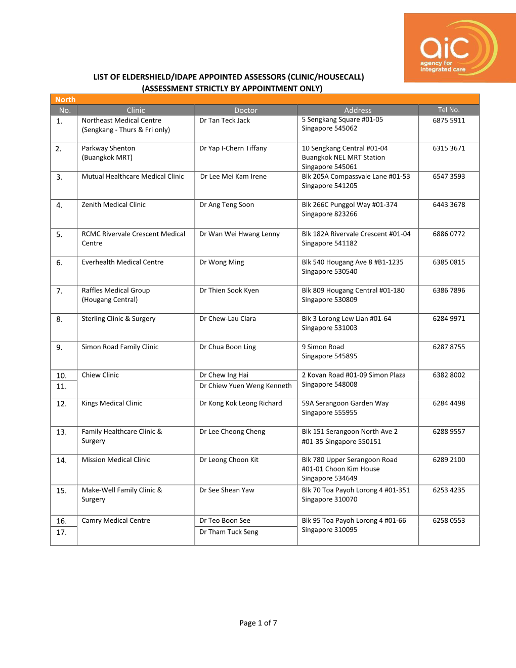 LIST of ELDERSHIELD/IDAPE APPOINTED ASSESSORS (CLINIC/HOUSECALL) (ASSESSMENT STRICTLY by APPOINTMENT ONLY) North No