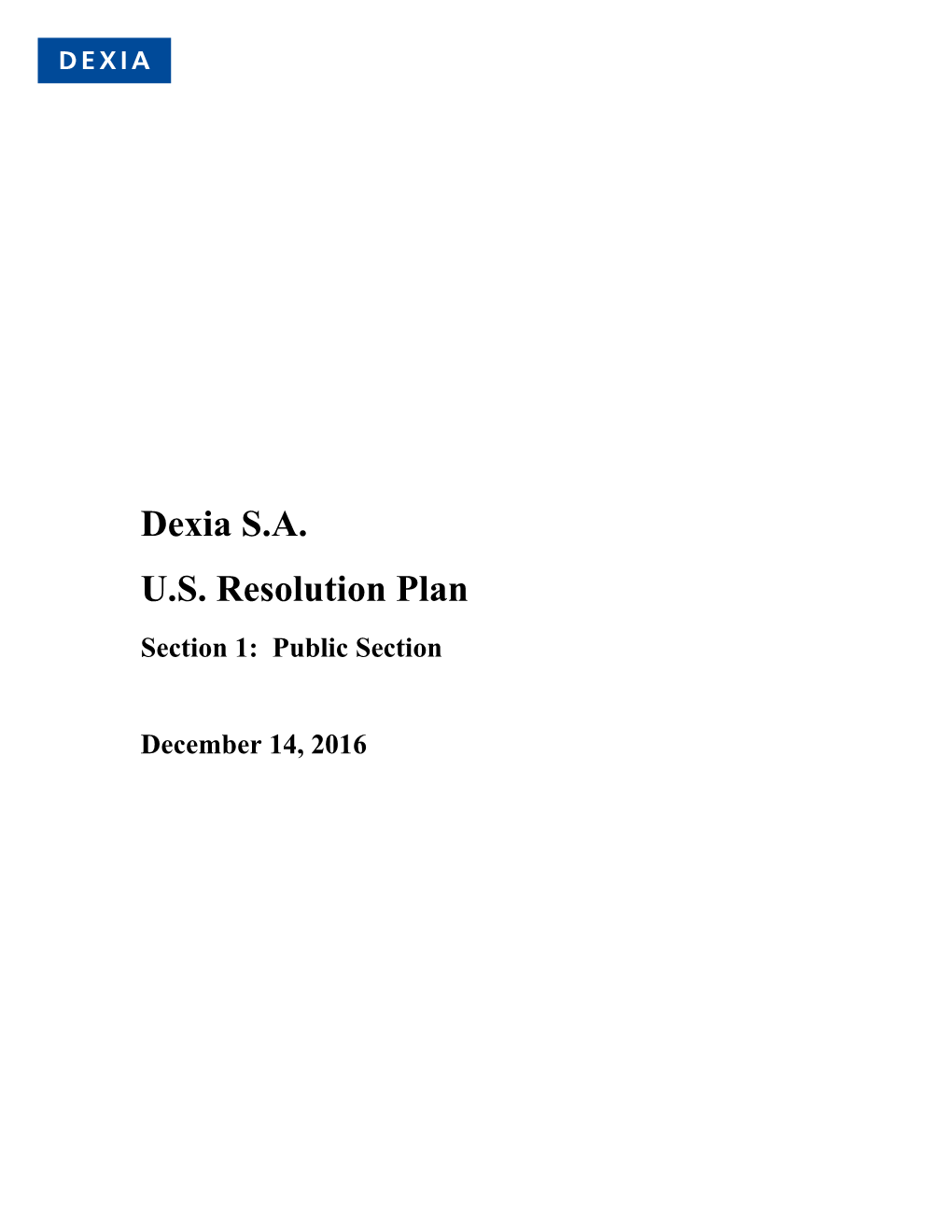Dexia SA US Resolution Plan
