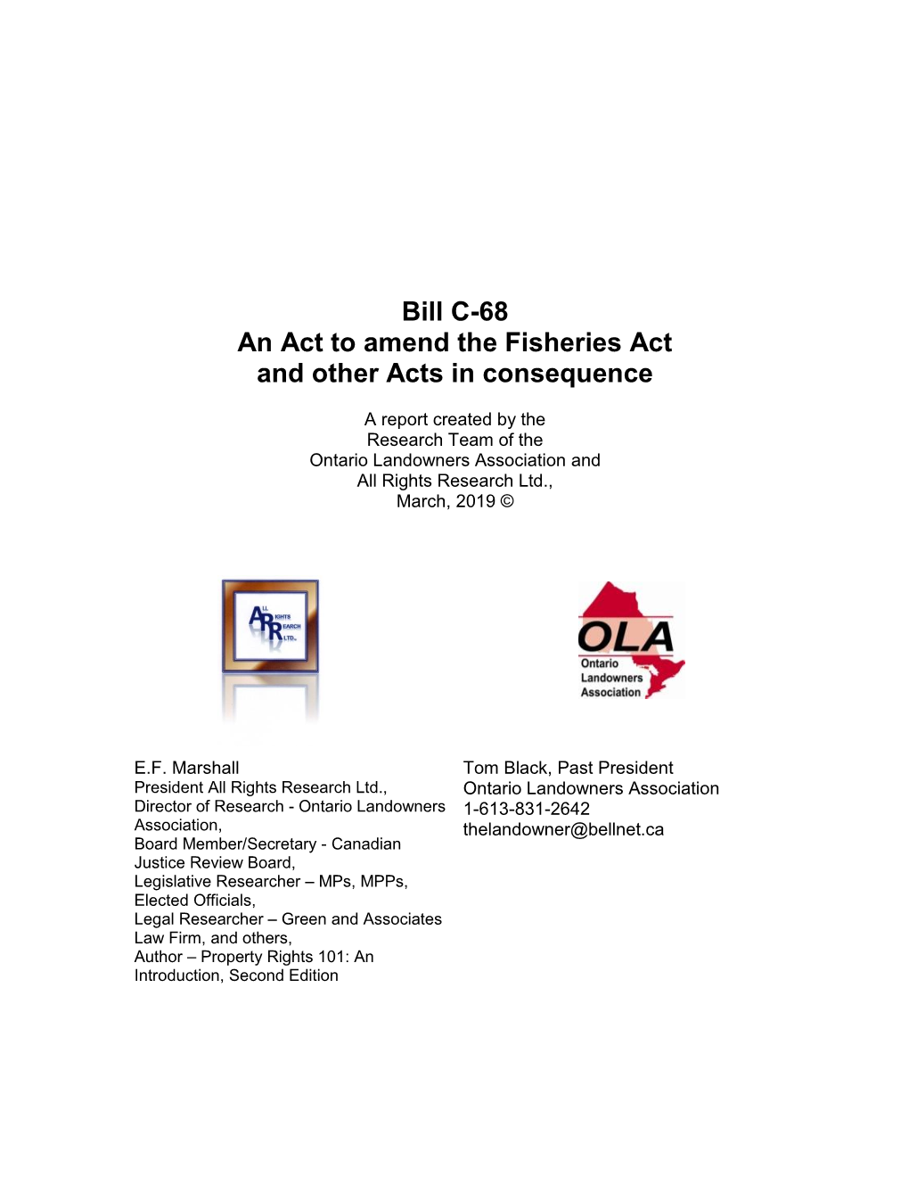 Bill C-68 an Act to Amend the Fisheries Act and Other Acts in Consequence