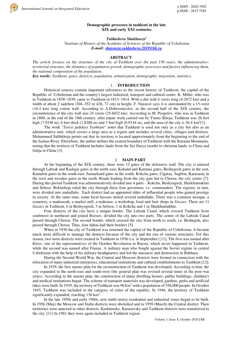 Demographic Processes in Tashkent in the Late XIX and Early XXI Centuries