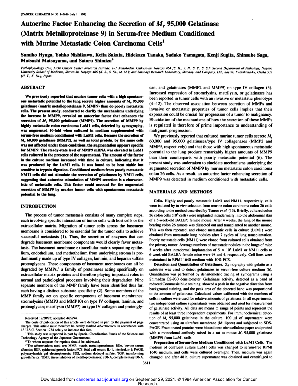 (Matrix Metalloproteinase 9) in Serum.Free Medium Conditioned with Murine Metastatic Colon Carcinoma Cells'