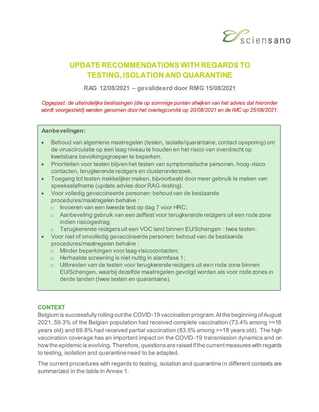 Update Recommendations with Regards to Testing, Isolation and Quarantine