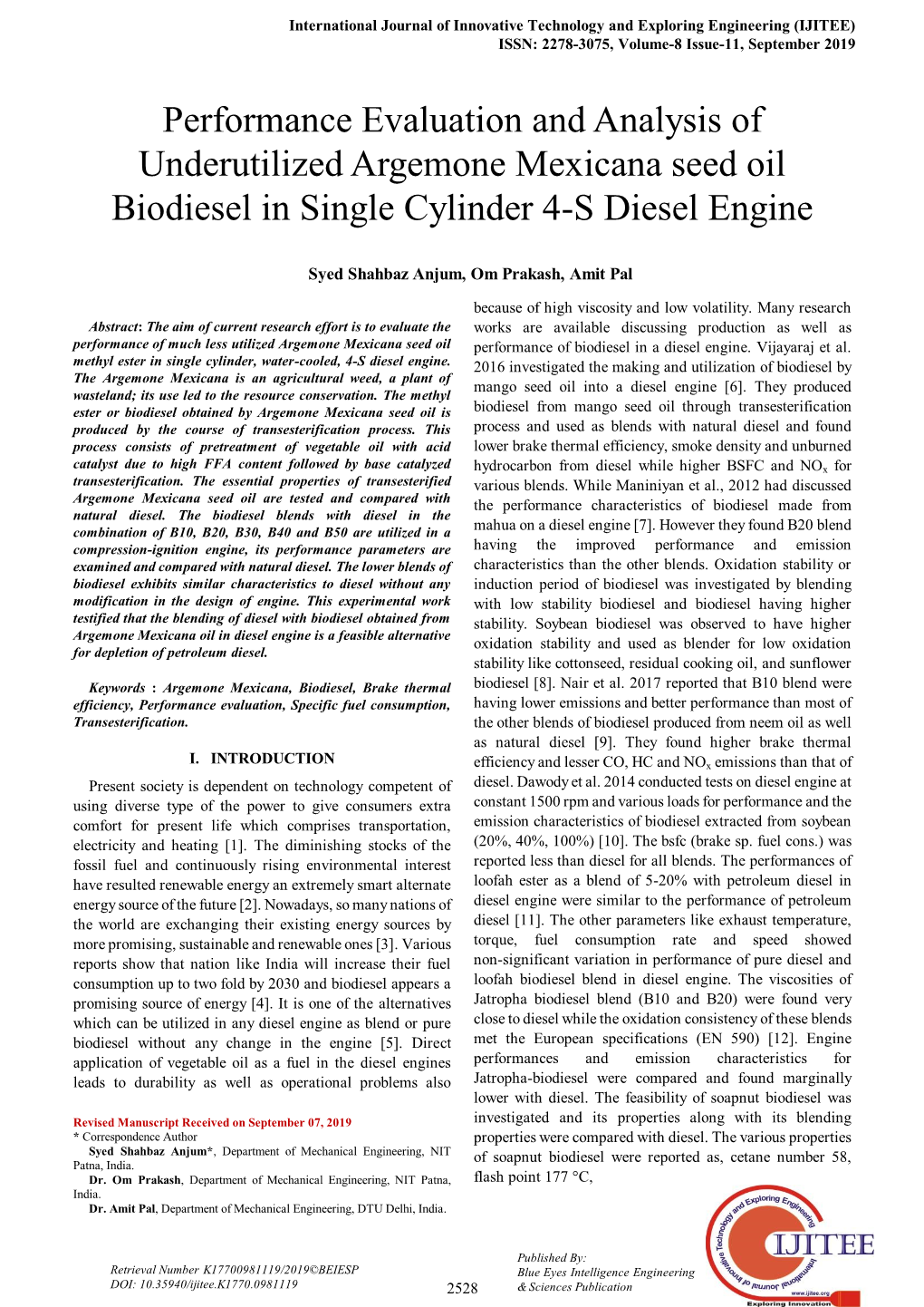 Performance Evaluation and Analysis of Underutilized Argemone Mexicana Seed Oil Biodiesel in Single Cylinder 4-S Diesel Engine