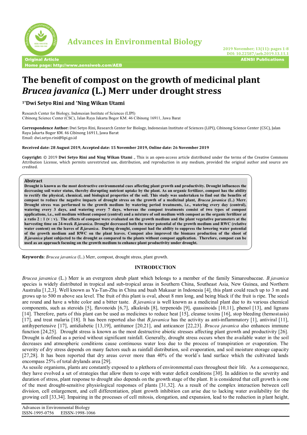 The Benefit of Compost on the Growth of Medicinal Plant Brucea Javanica (L.) Merr Under Drought Stress