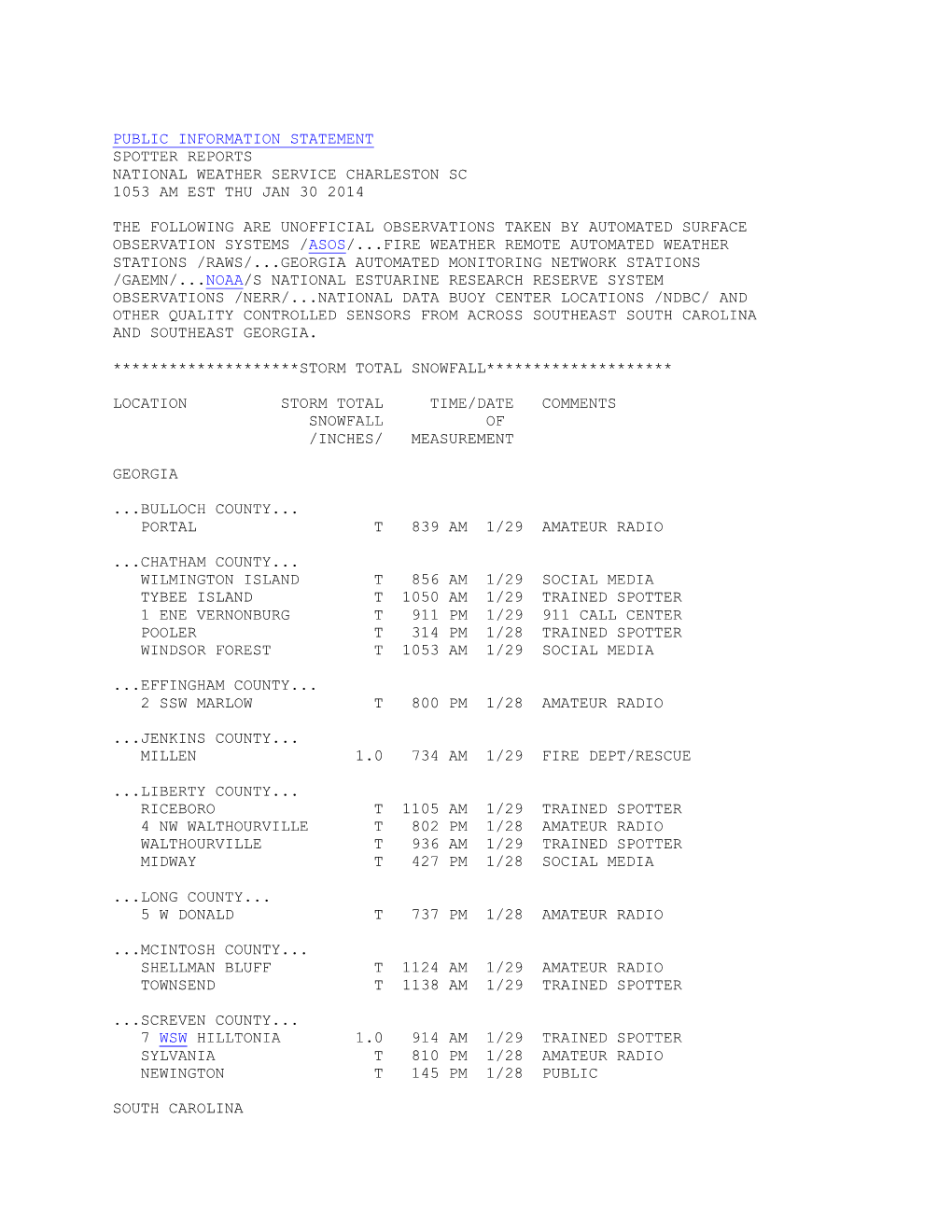 Public Information Statement Spotter Reports National Weather Service Charleston Sc 1053 Am Est Thu Jan 30 2014