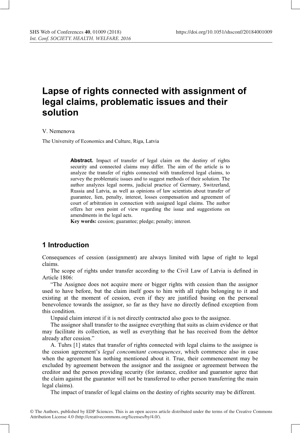 Lapse of Rights Connected with Assignment of Legal Claims, Problematic Issues and Their Solution